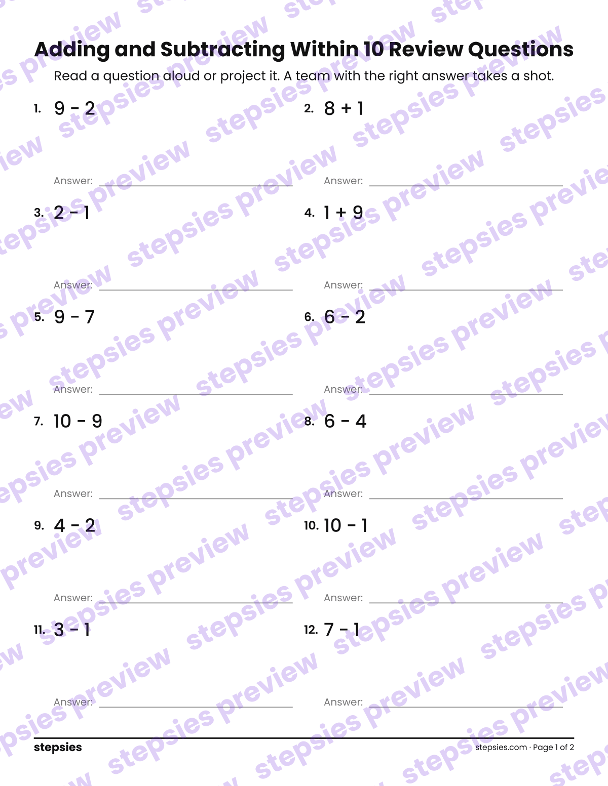 Adding and Subtracting Within 10: Trashketball Review Questions: page 1 of a printable Kindergarten Math worksheet