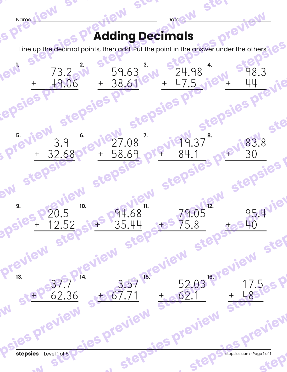 Adding Decimals: page 1 of a printable Grades 4 and 5 Math worksheet