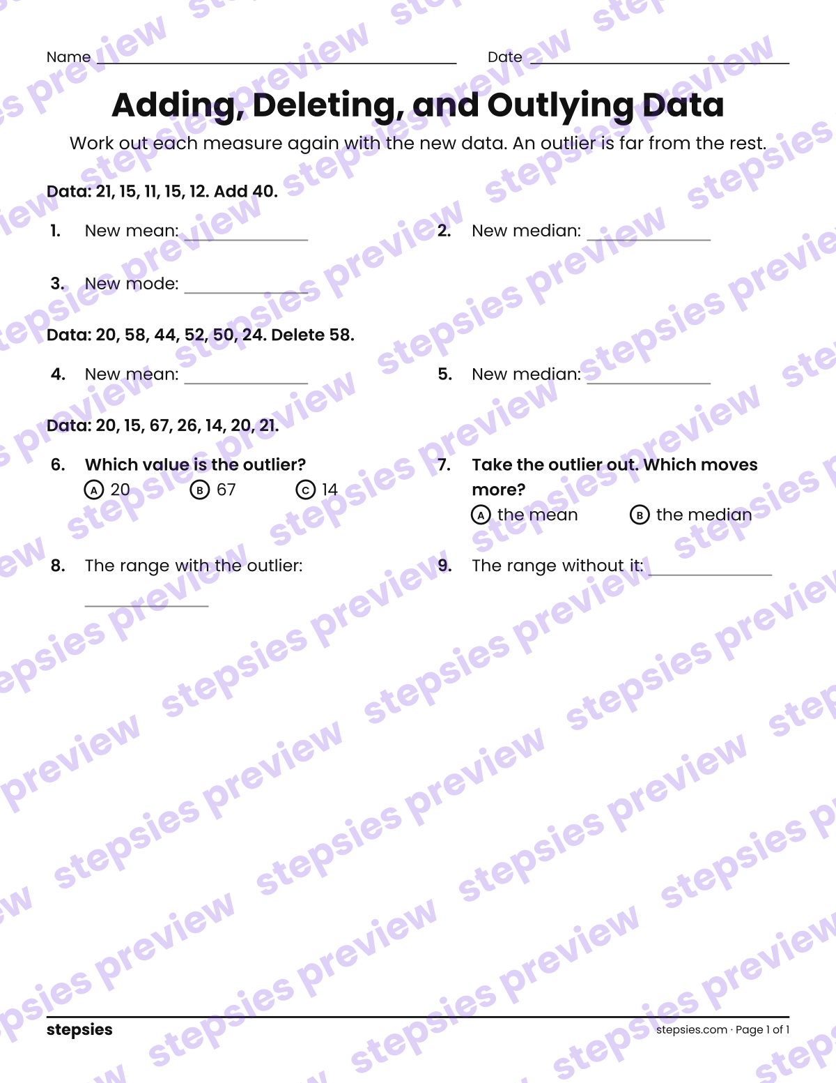 Adding, Deleting, and Outlying Data: page 1 of a printable Grade 8 Math worksheet