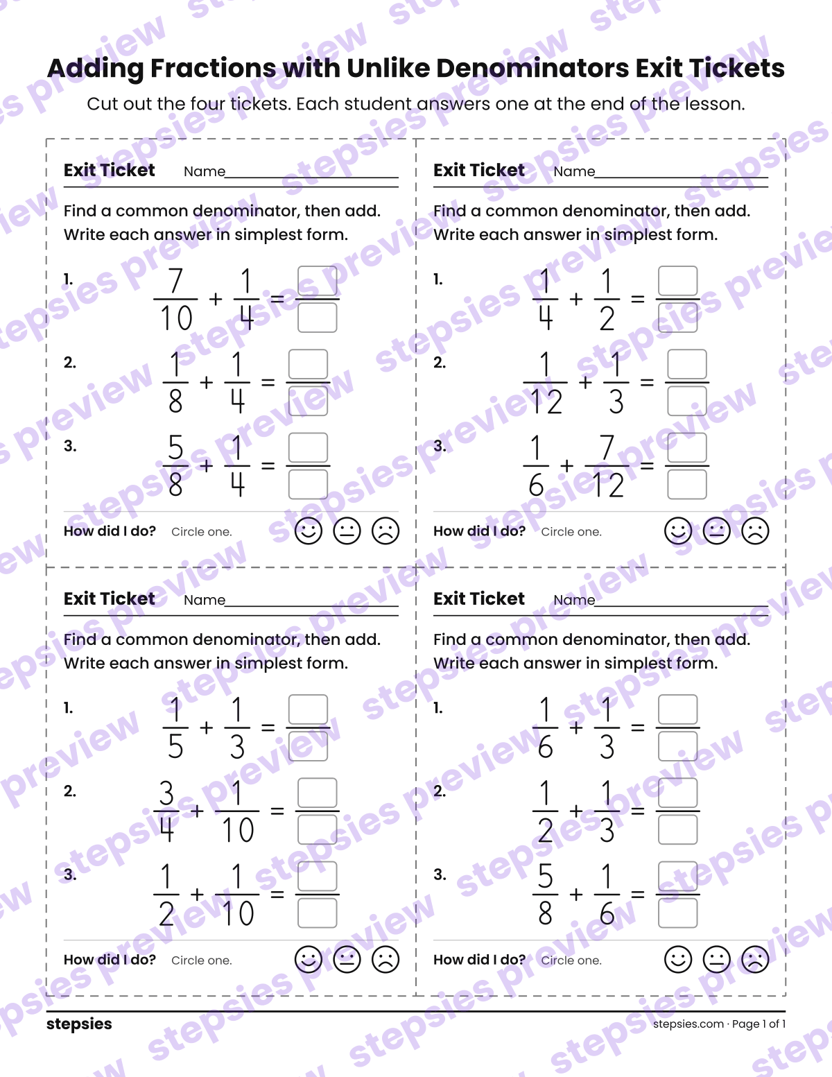 Adding Fractions with Unlike Denominators Exit Tickets: page 1 of a printable Grade 5 Math worksheet