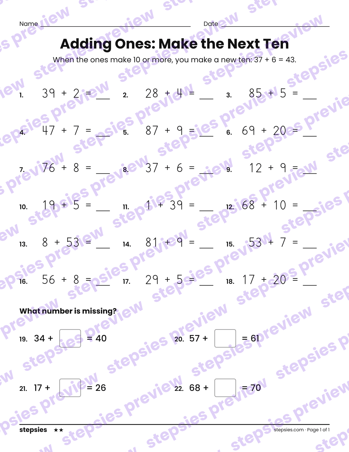 Adding Ones: Make the Next Ten: page 1 of a printable Grade 1 Math worksheet