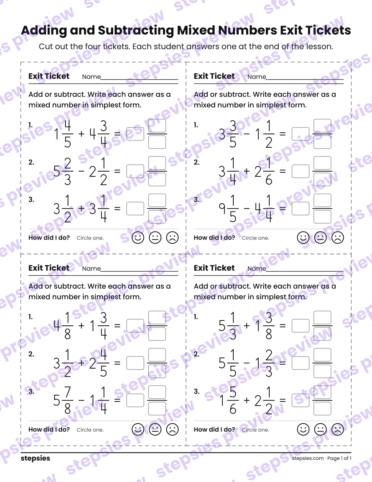Adding and Subtracting Mixed Numbers Exit Tickets: page 1 of a printable Grade 5 Math worksheet