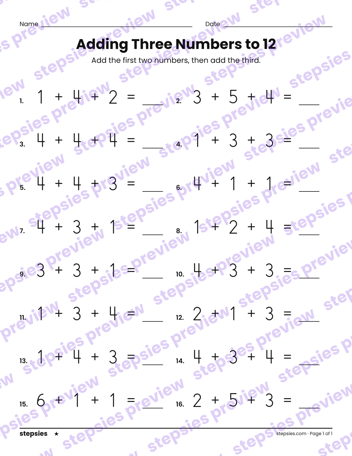 Adding Three Numbers to 12: page 1 of a printable Grade 1 Math worksheet