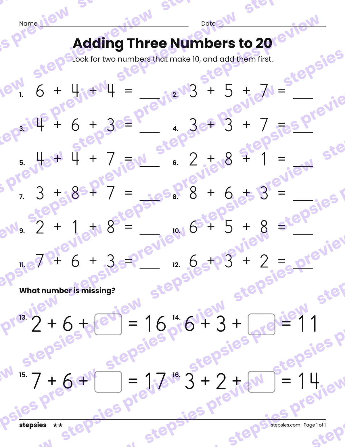 Adding Three Numbers to 20: page 1 of a printable Grade 1 Math worksheet