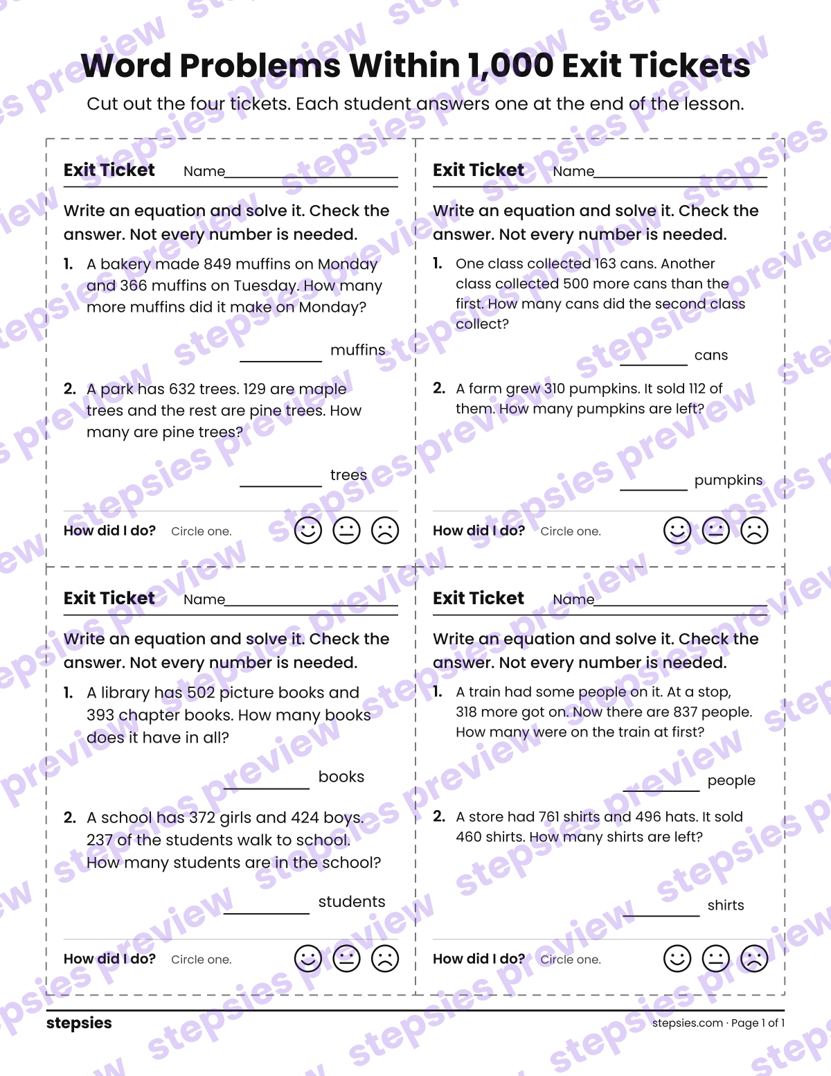 Word Problems Within 1,000 Exit Tickets: page 1 of a printable Grade 3 Math worksheet
