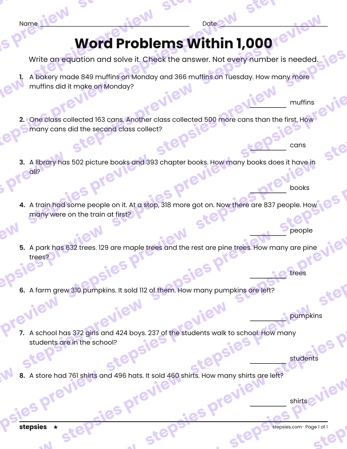 Word Problems Within 1,000: page 1 of a printable Grade 3 Math worksheet