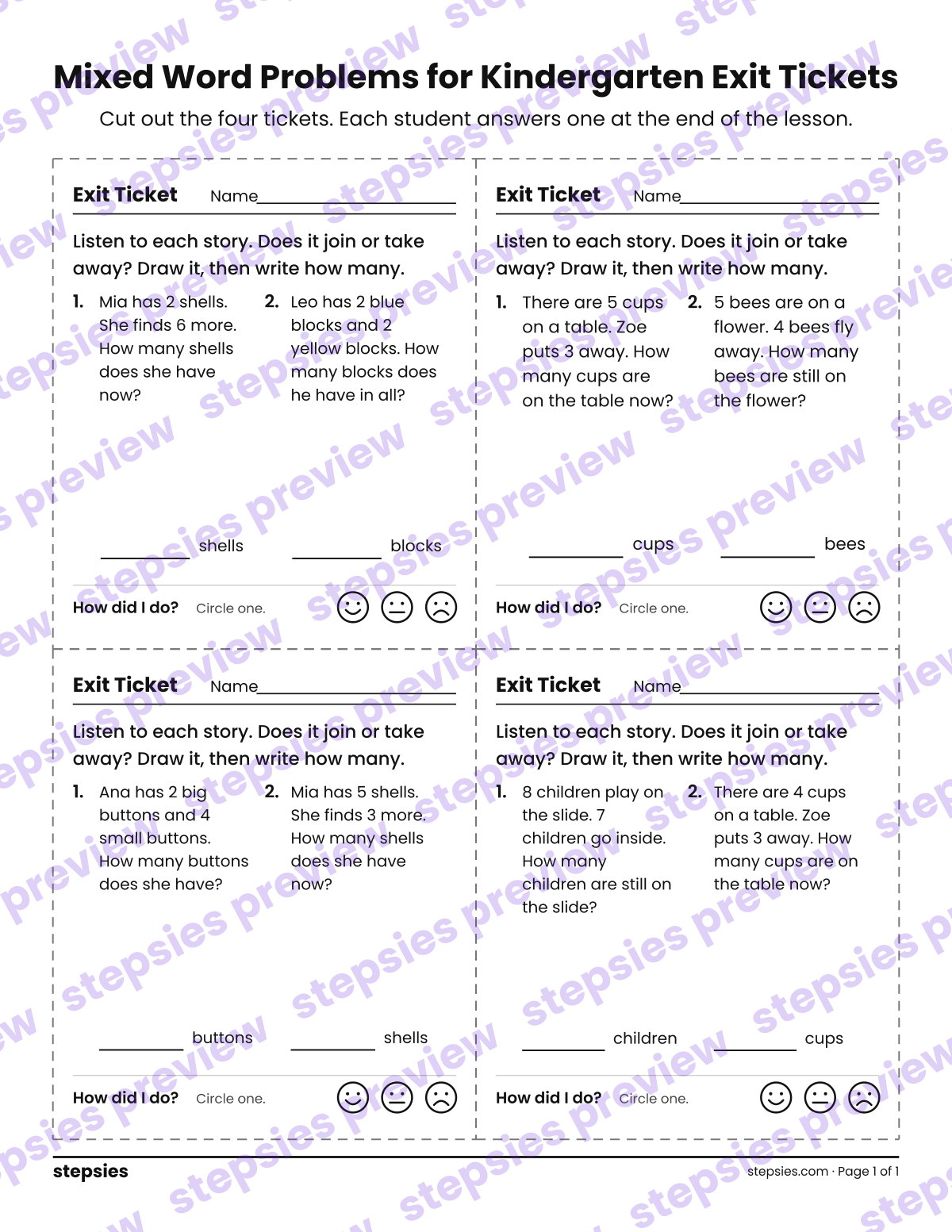 Mixed Word Problems for Kindergarten Exit Tickets: page 1 of a printable Kindergarten Math worksheet