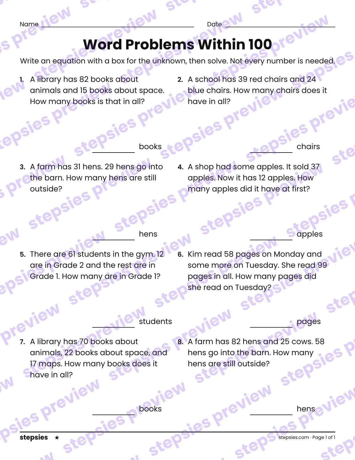 Word Problems Within 100: page 1 of a printable Grade 2 Math worksheet