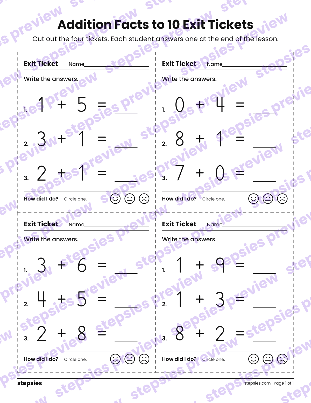 Addition Facts to 10 Exit Tickets: page 1 of a printable Grade 1 Math worksheet