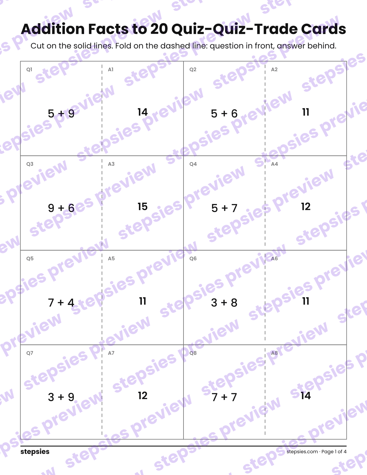 Addition Facts to 20: Quiz-Quiz-Trade Cards: page 1 of a printable Grade 1 Math worksheet