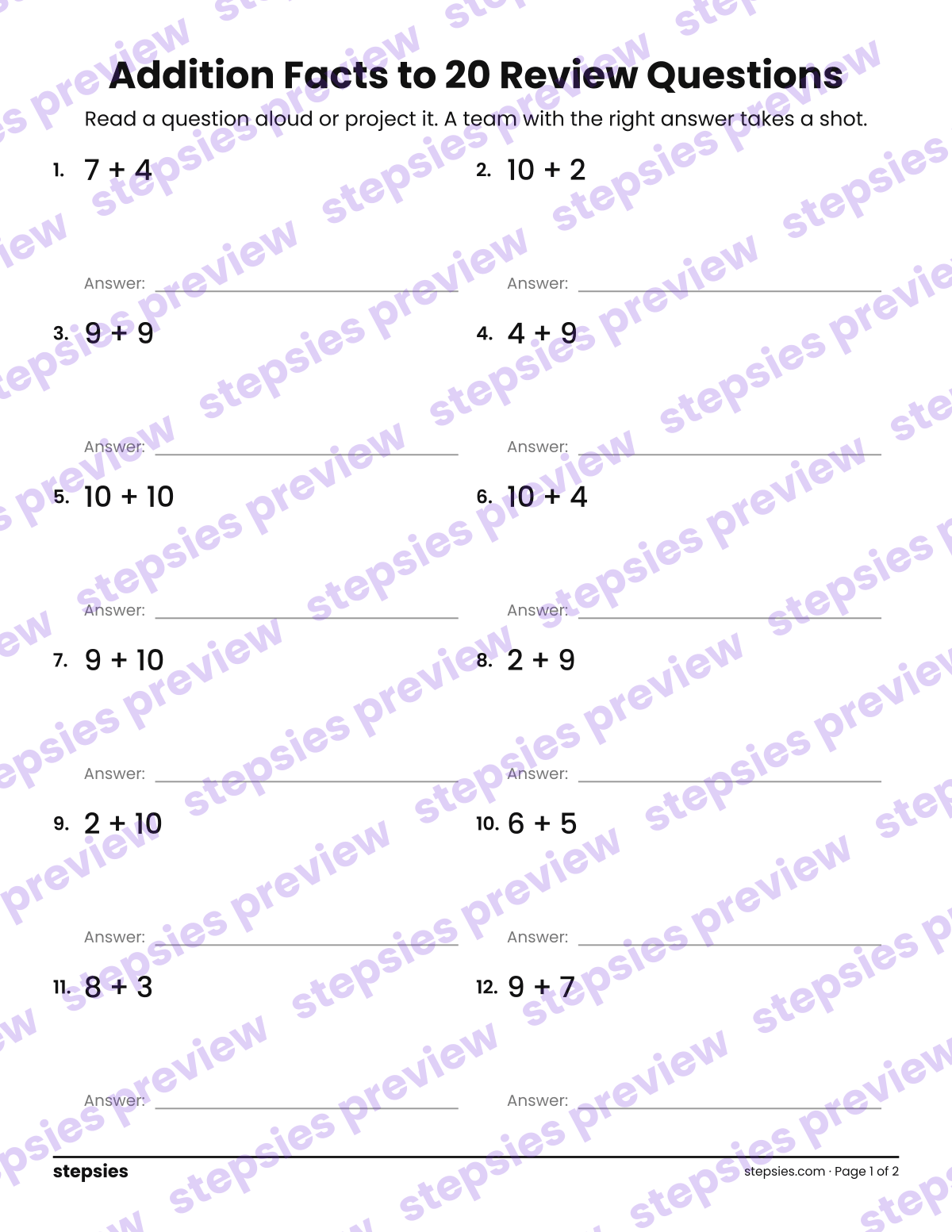 Addition Facts to 20: Trashketball Review Questions: page 1 of a printable Grade 1 Math worksheet