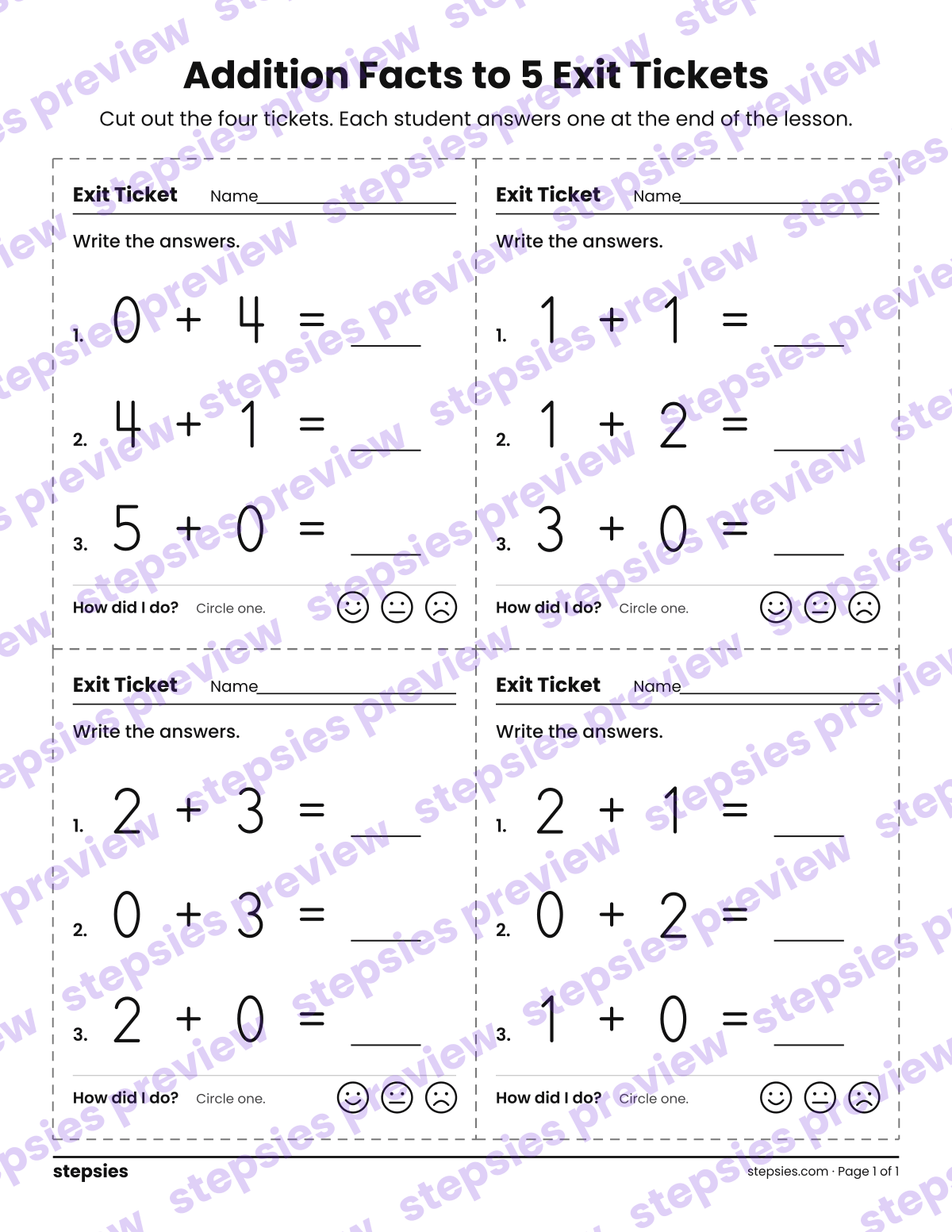 Addition Facts to 5 Exit Tickets: page 1 of a printable Kindergarten and Grade 1 Math worksheet