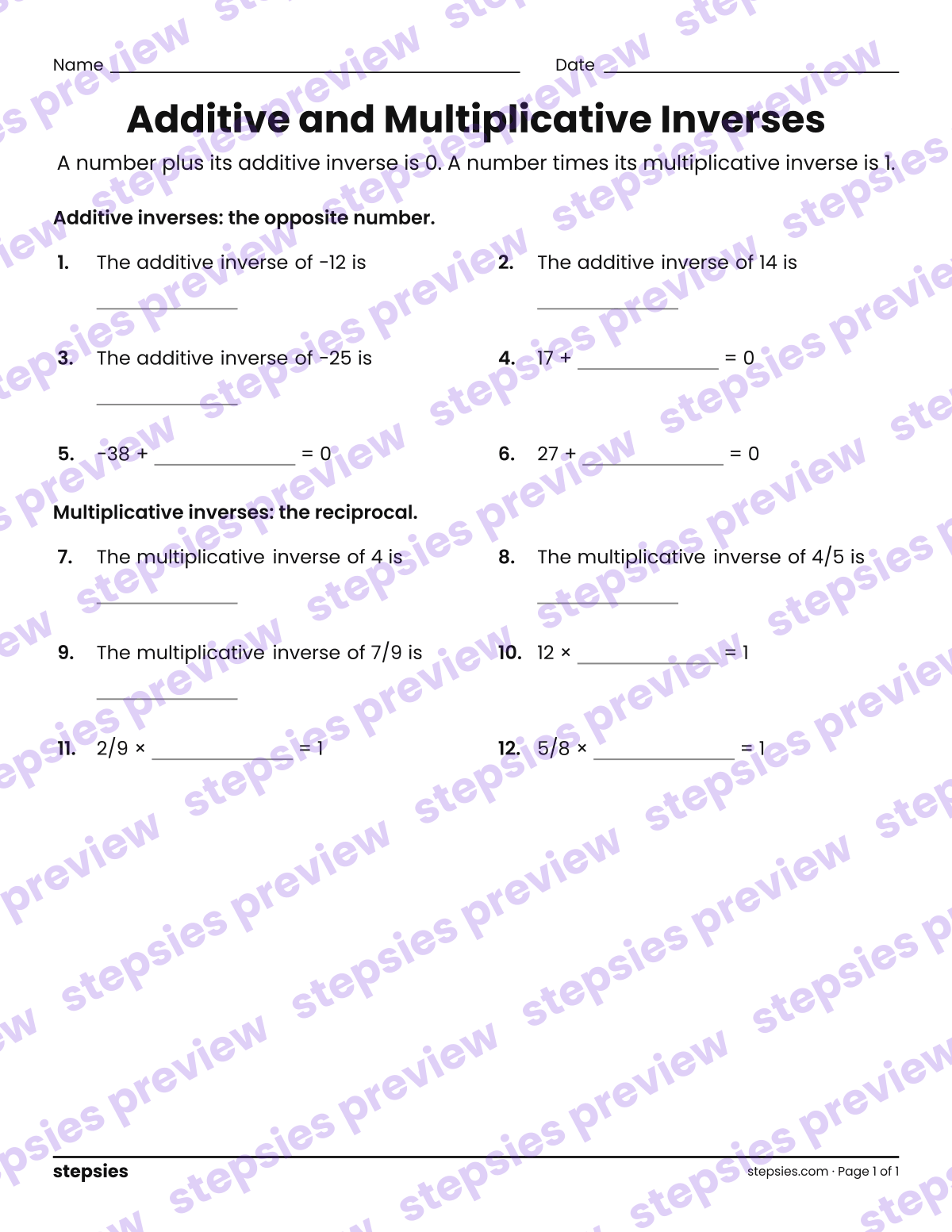 Additive and Multiplicative Inverses: page 1 of a printable Grade 6 Math worksheet