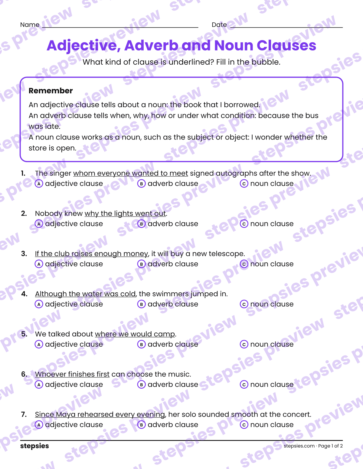 Adjective, Adverb and Noun Clauses: page 1 of a printable Grades 7 and 8 Language worksheet