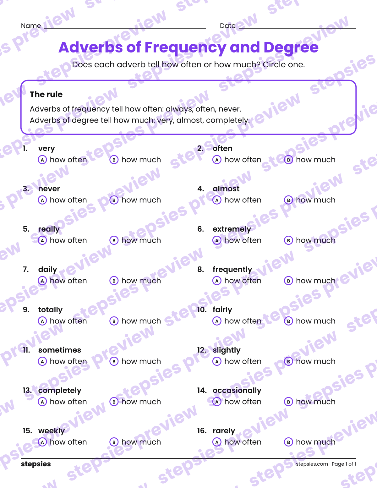 Adverbs of Frequency and Degree: page 1 of a printable Grade 4 Language worksheet
