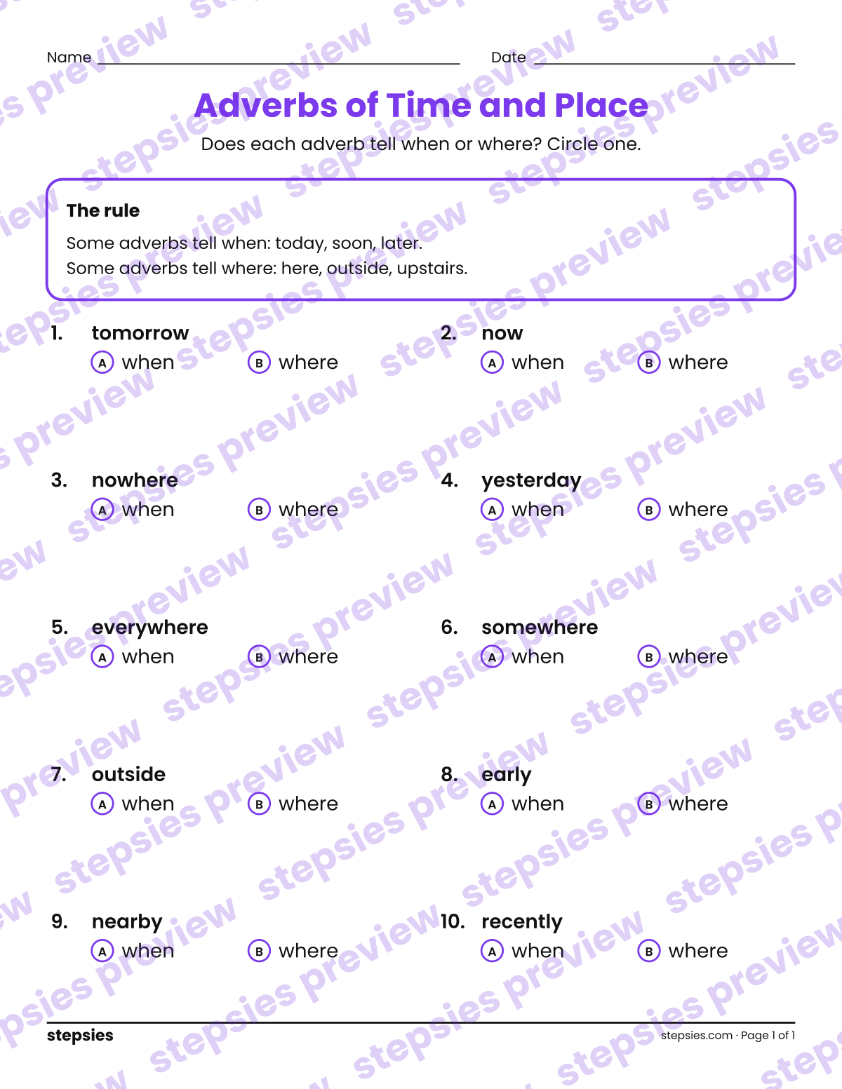 Adverbs of Time and Place: page 1 of a printable Grades 1 and 2 Language worksheet