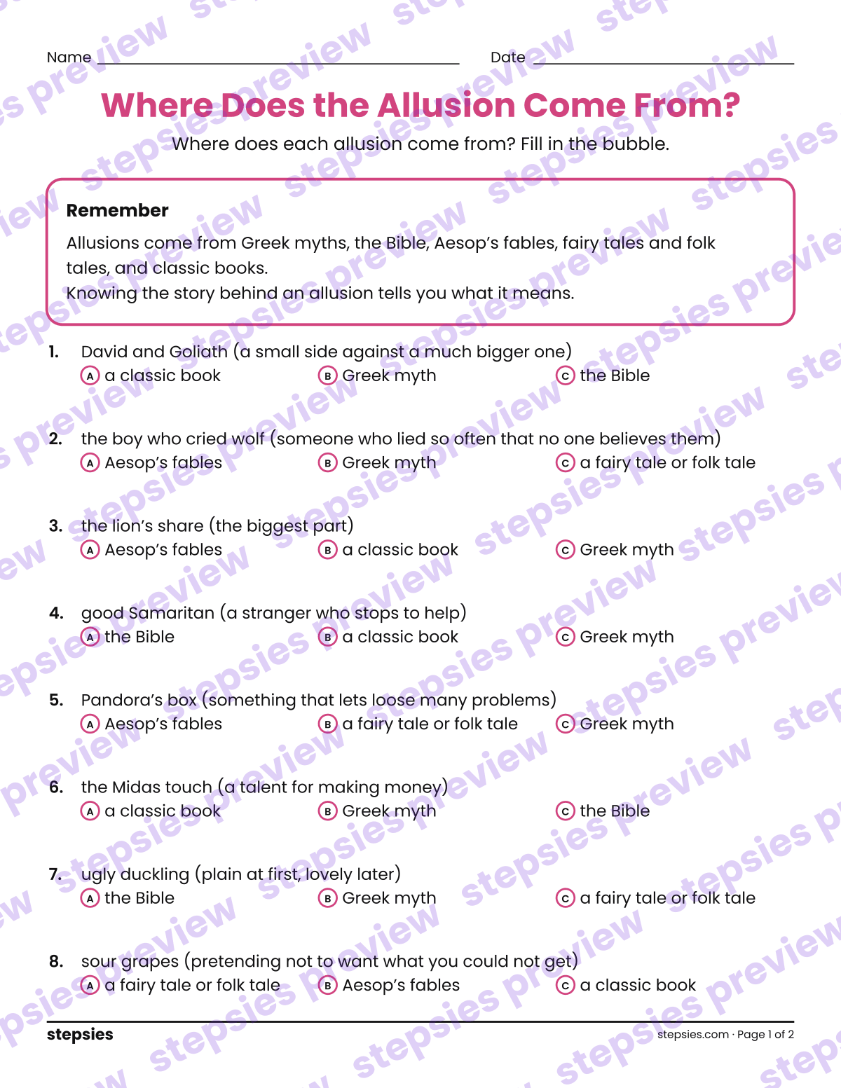 Where Does the Allusion Come From?: page 1 of a printable Grades 7 and 8 Language worksheet