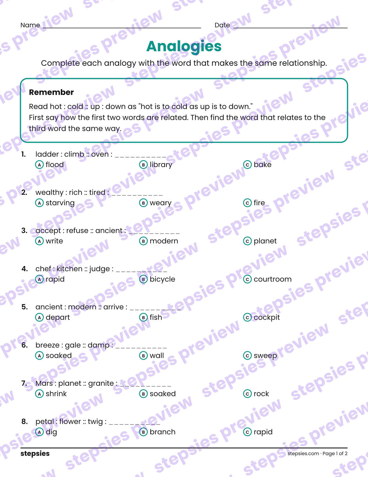 Analogies: page 1 of a printable Grades 6–8 Language worksheet