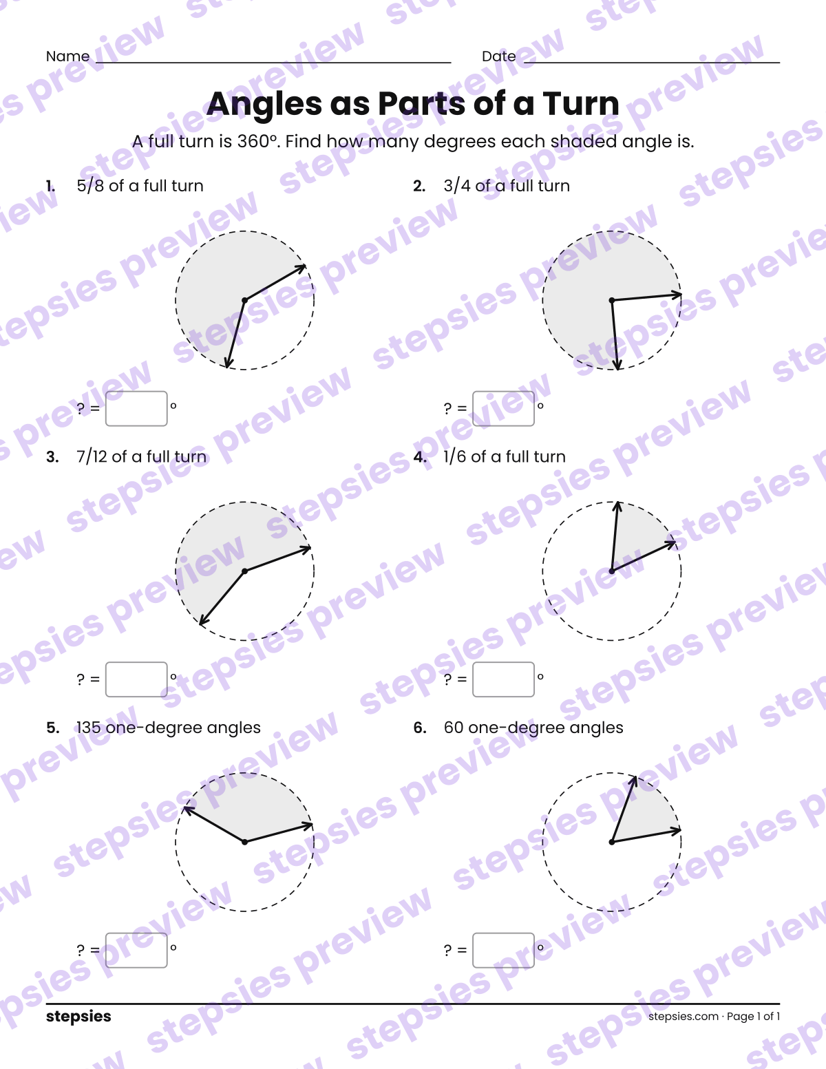 Angles as Parts of a Turn: page 1 of a printable Grade 4 Math worksheet