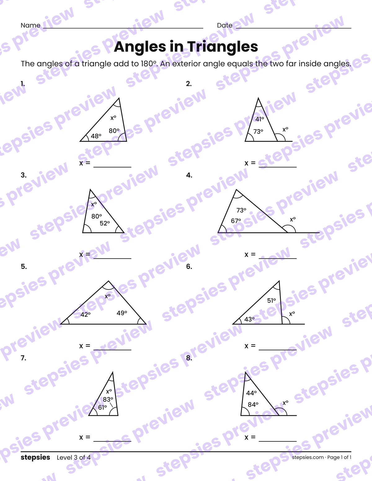 Angles in Triangles: page 1 of a printable Grades 7 and 8 Math worksheet