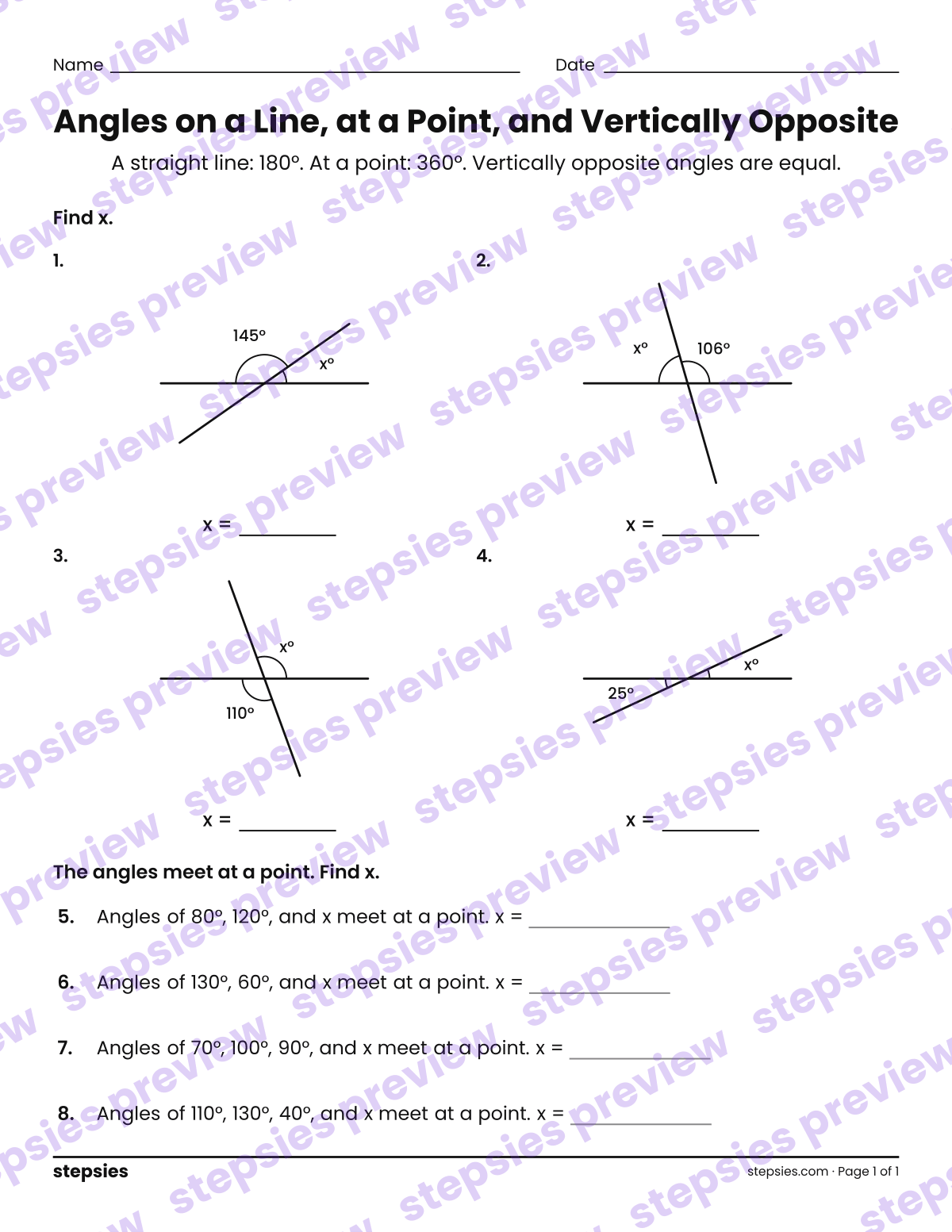 Angles on a Line, at a Point, and Vertically Opposite: page 1 of a printable Grade 6 Math worksheet