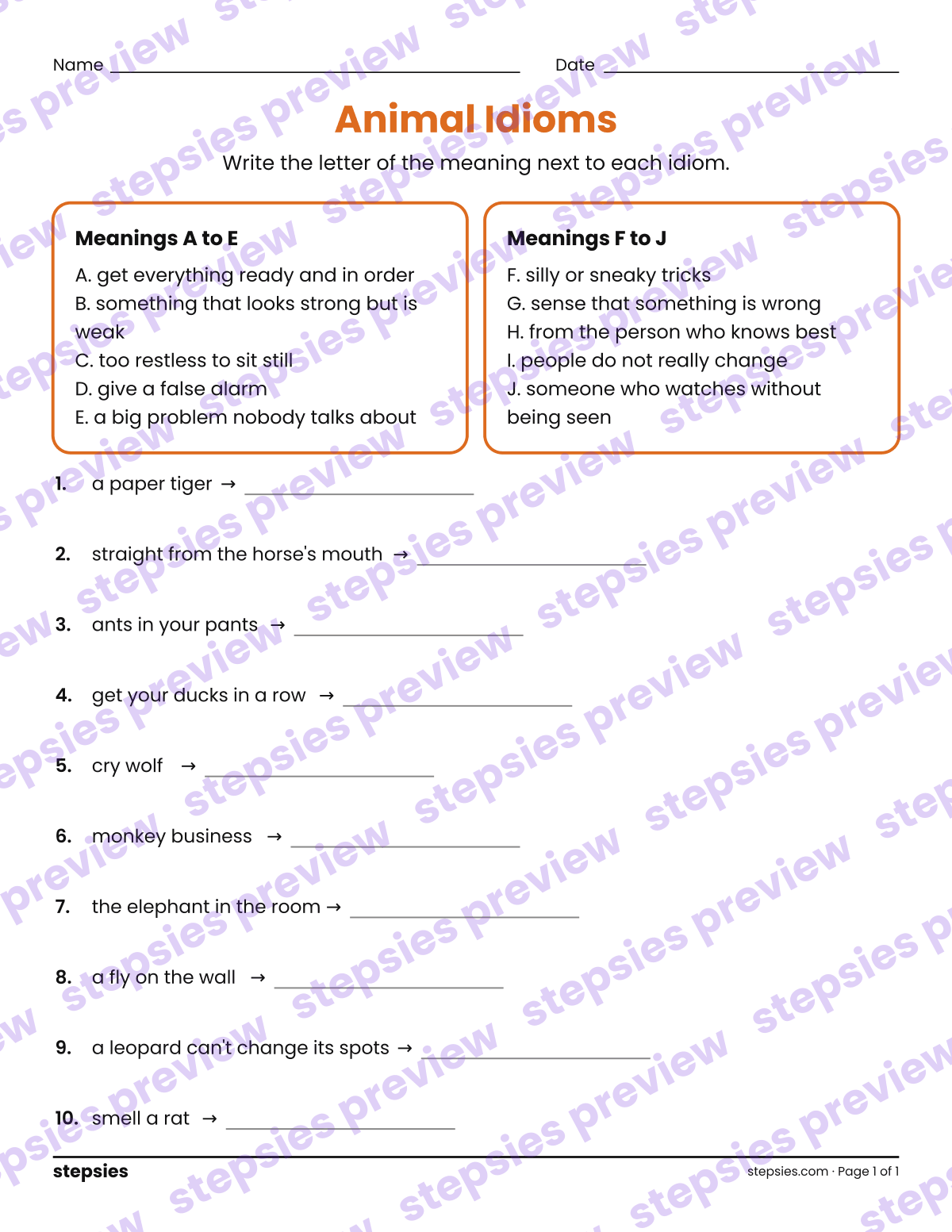 Animal Idioms: page 1 of a printable Grades 3–6 Language worksheet
