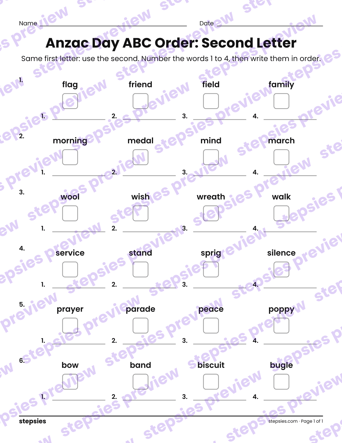 Anzac Day ABC Order: Second Letter: page 1 of a printable Grades 1 and 2 Language worksheet