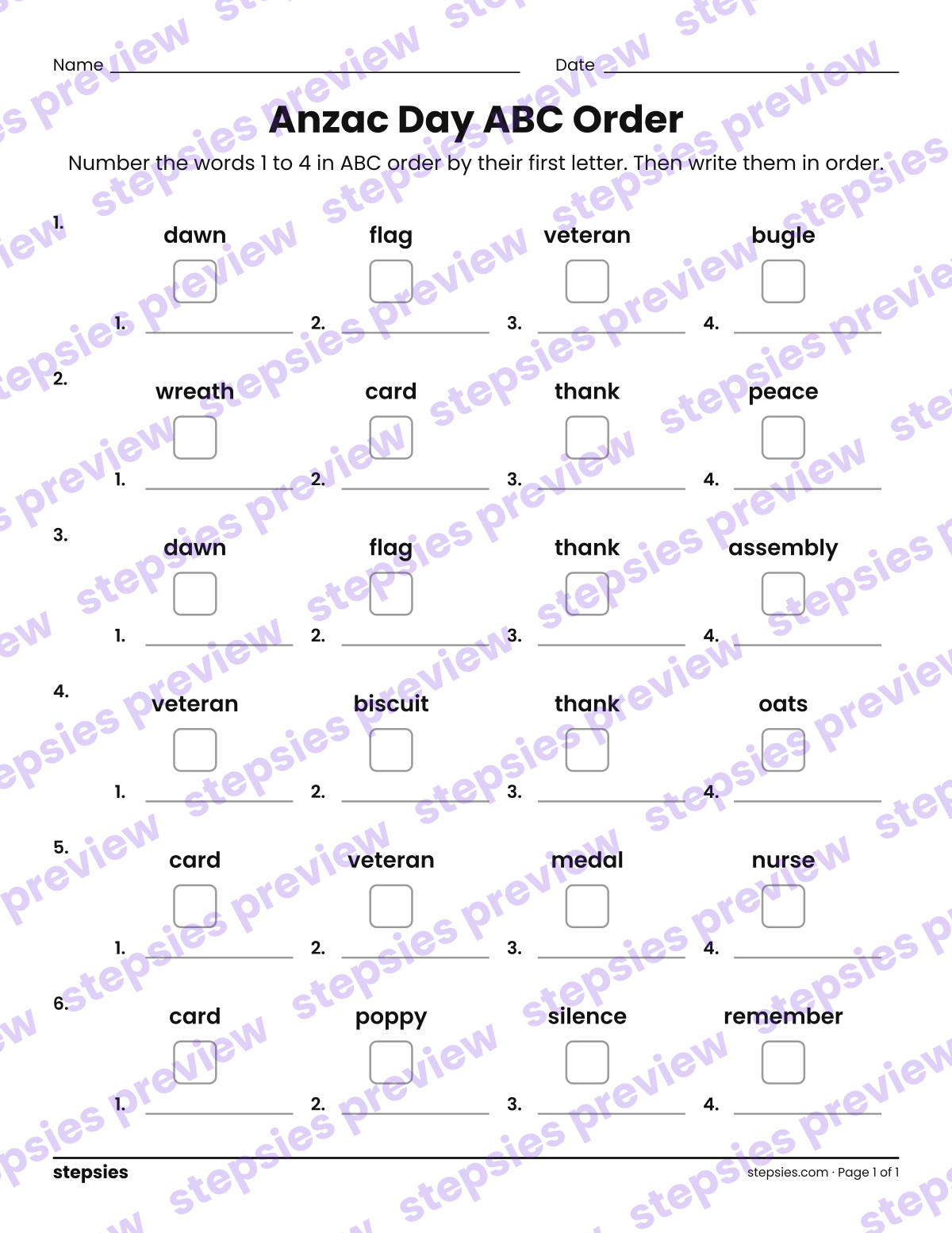 Anzac Day ABC Order: page 1 of a printable Grades 1 and 2 Language worksheet