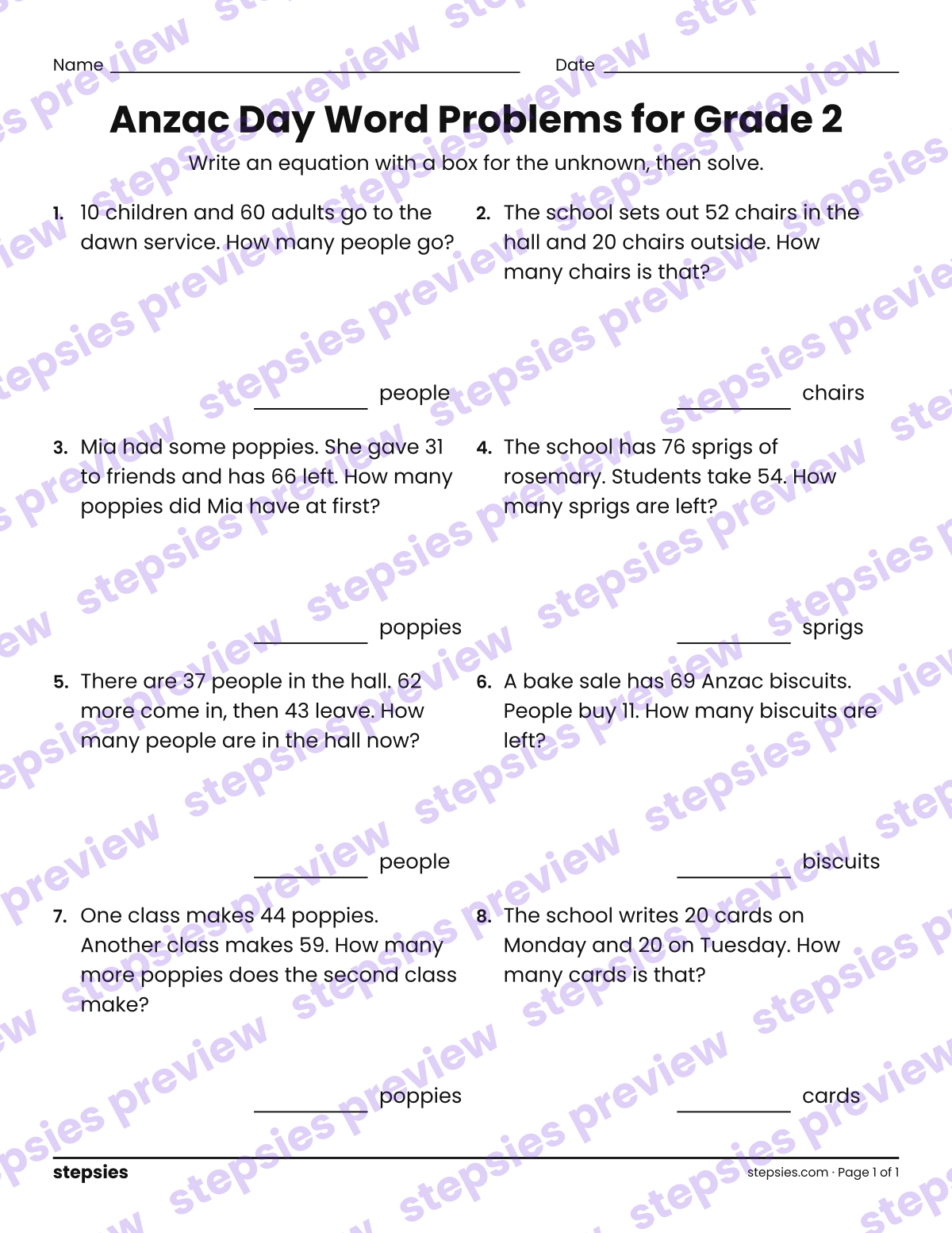 Anzac Day Word Problems for Grade 2: page 1 of a printable Grade 2 Math worksheet