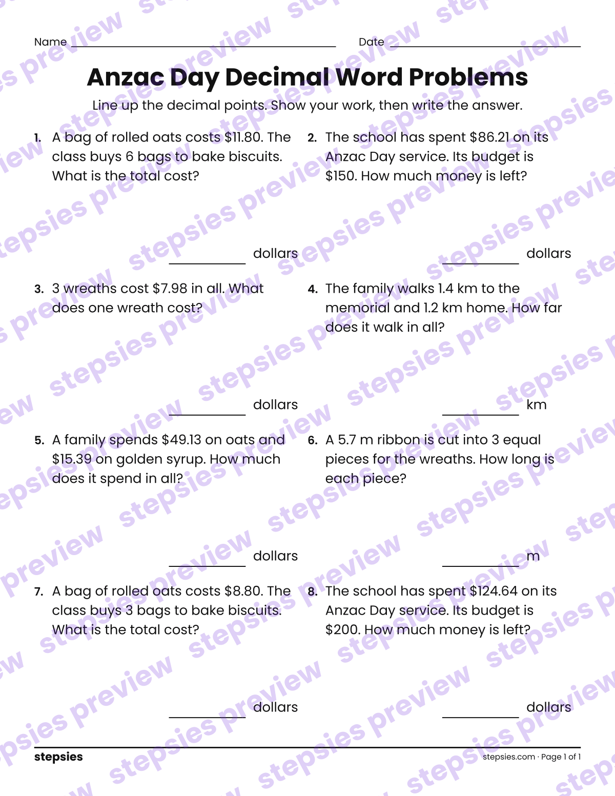 Anzac Day Decimal Word Problems: page 1 of a printable Grade 5 Math worksheet