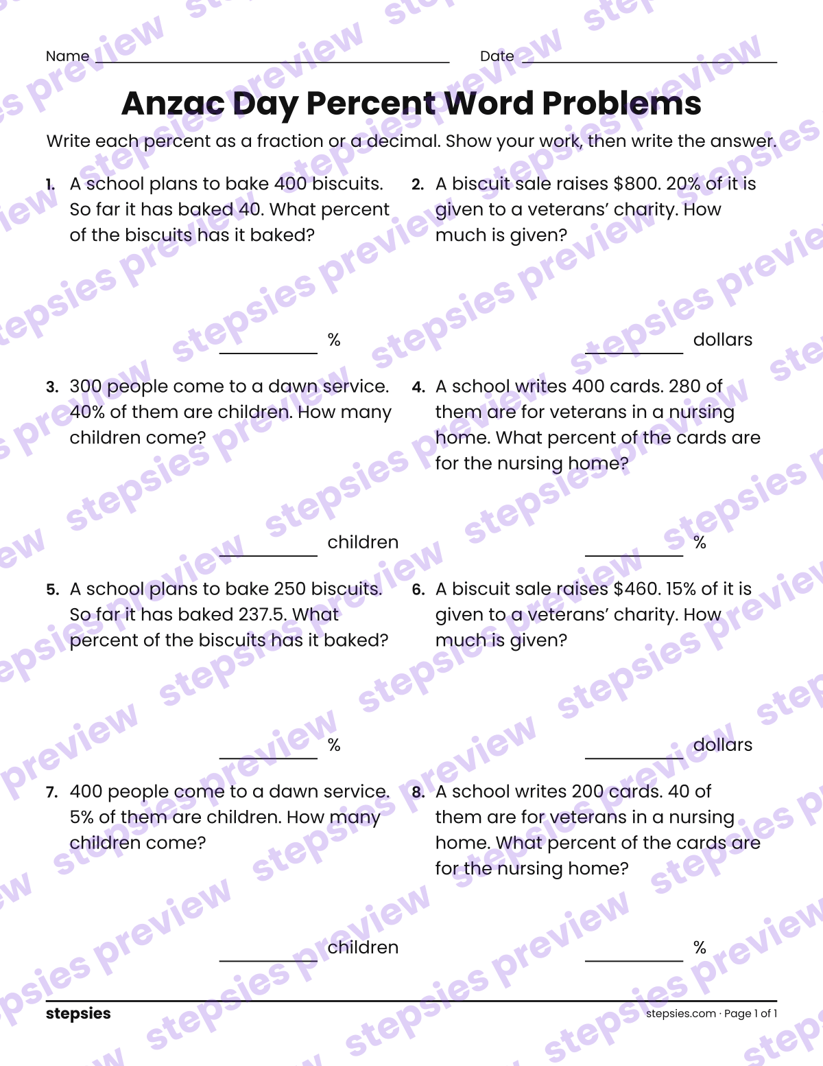 Anzac Day Percent Word Problems: page 1 of a printable Grade 6 Math worksheet