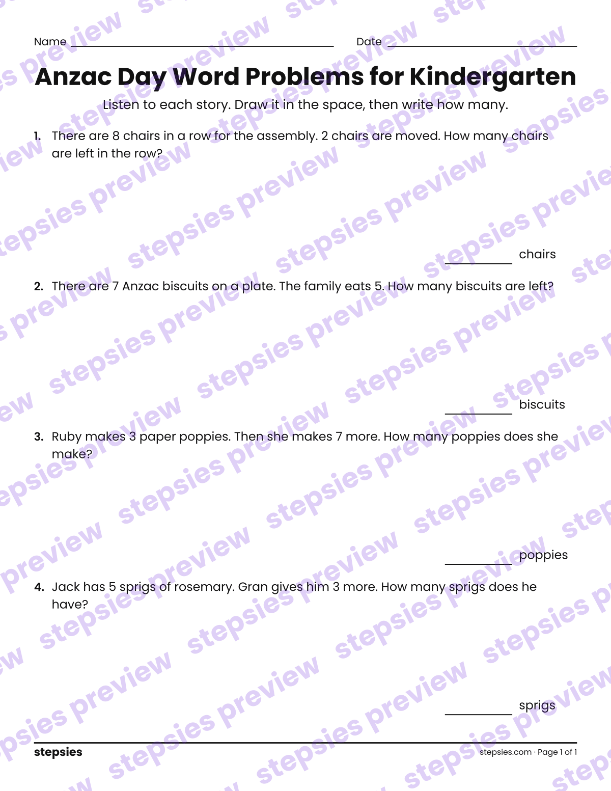 Anzac Day Word Problems for Kindergarten: page 1 of a printable Kindergarten Math worksheet
