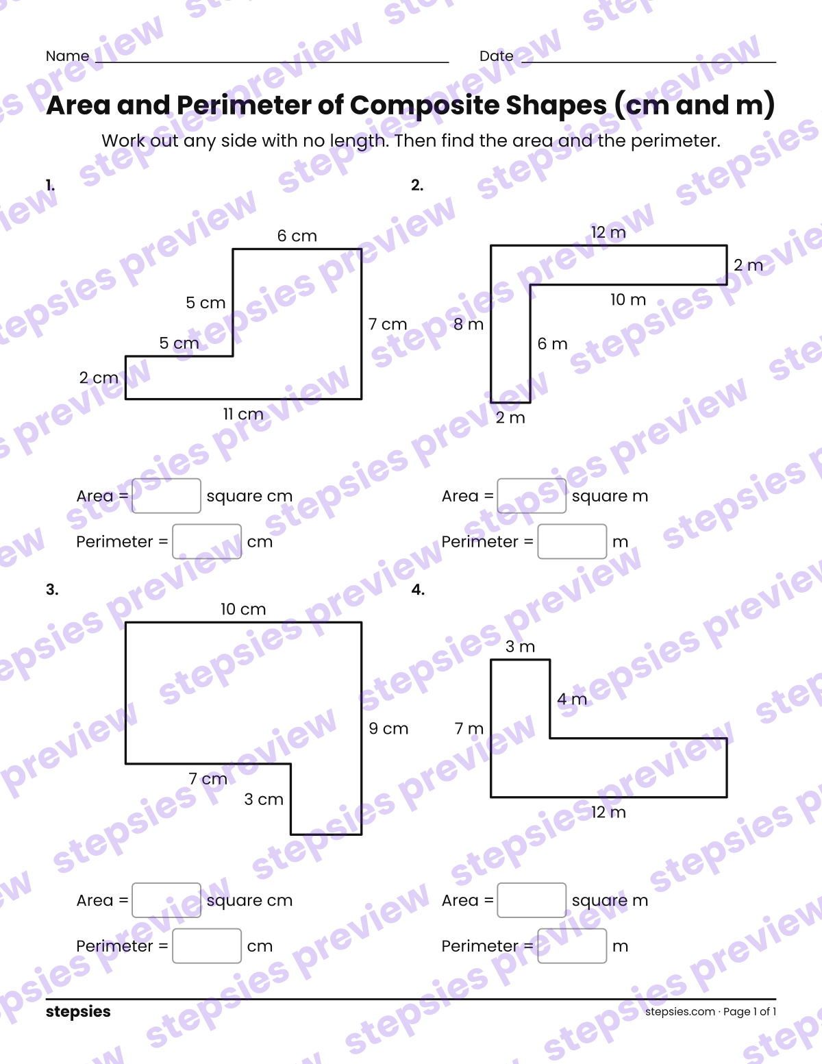 Area and Perimeter of Composite Shapes (cm and m): page 1 of a printable Grade 5 Math worksheet