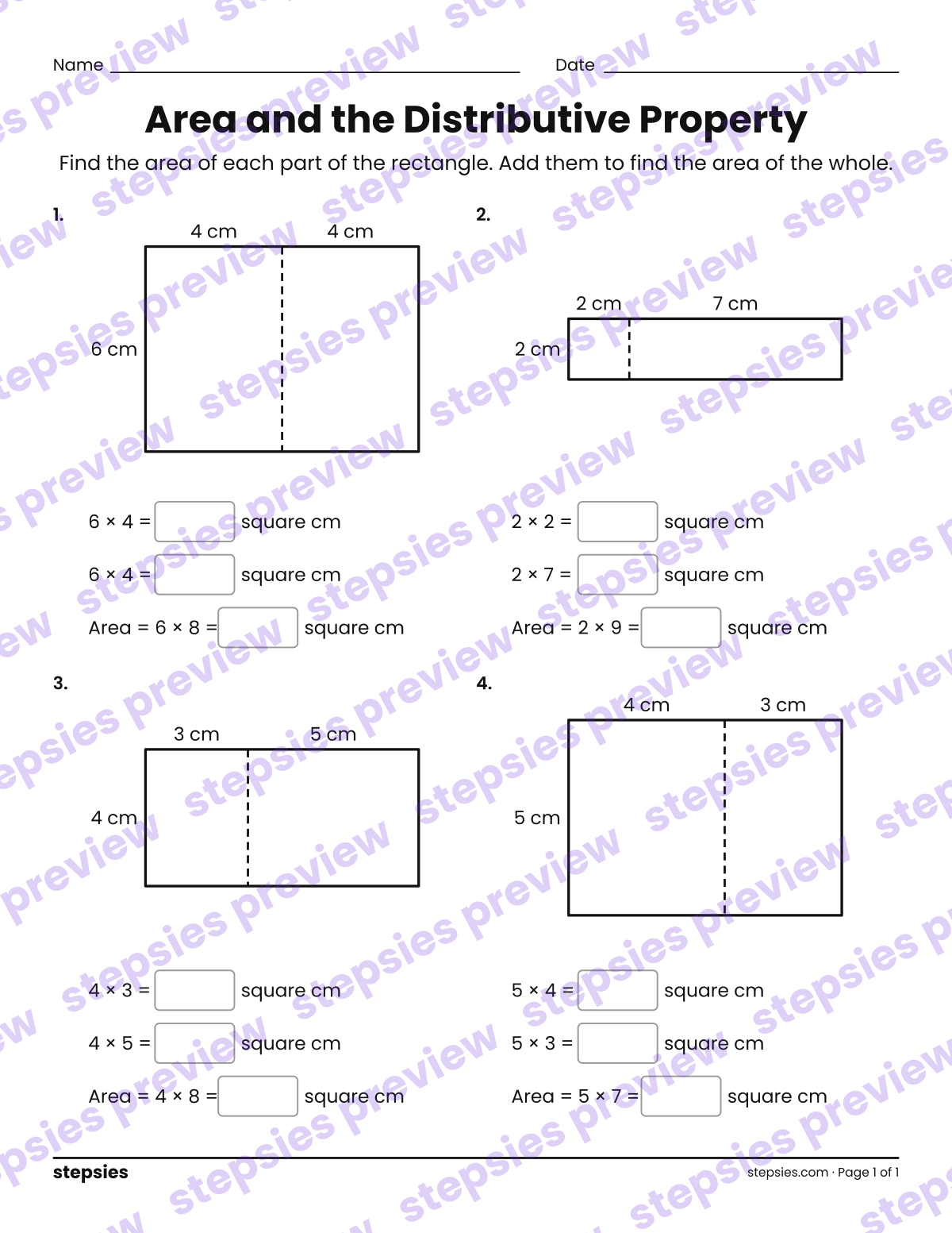 Area and the Distributive Property: page 1 of a printable Grade 3 Math worksheet