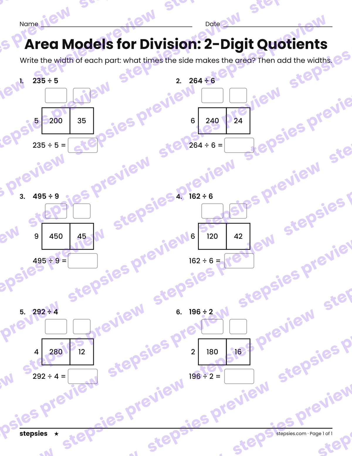Area Models for Division: 2-Digit Quotients: page 1 of a printable Grade 4 Math worksheet