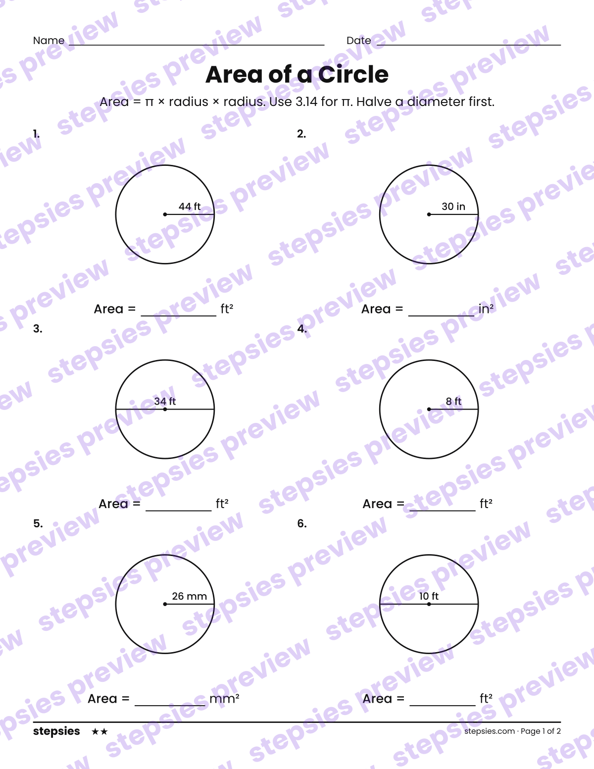 Area of a Circle: page 1 of a printable Grade 7 Math worksheet