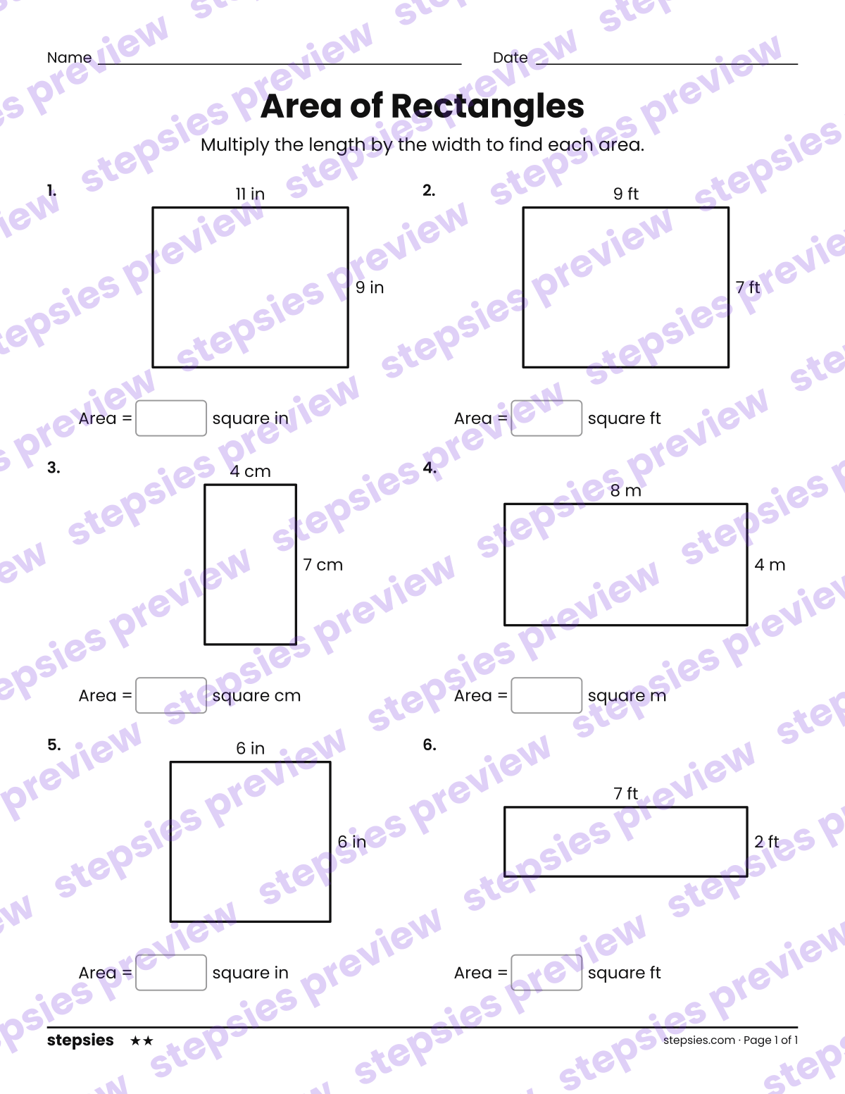Area of Rectangles: page 1 of a printable Grades 3 and 4 Math worksheet