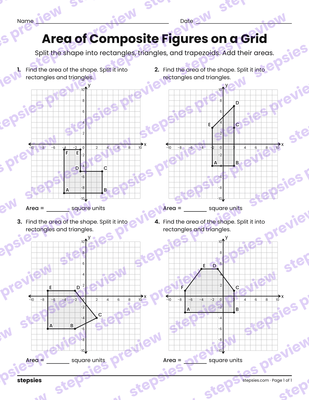 Area of Composite Figures on a Grid: page 1 of a printable Grades 6 and 7 Math worksheet
