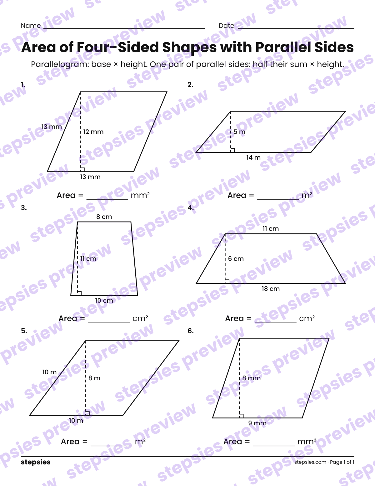 Area of Four-Sided Shapes with Parallel Sides: page 1 of a printable Grade 7 Math worksheet