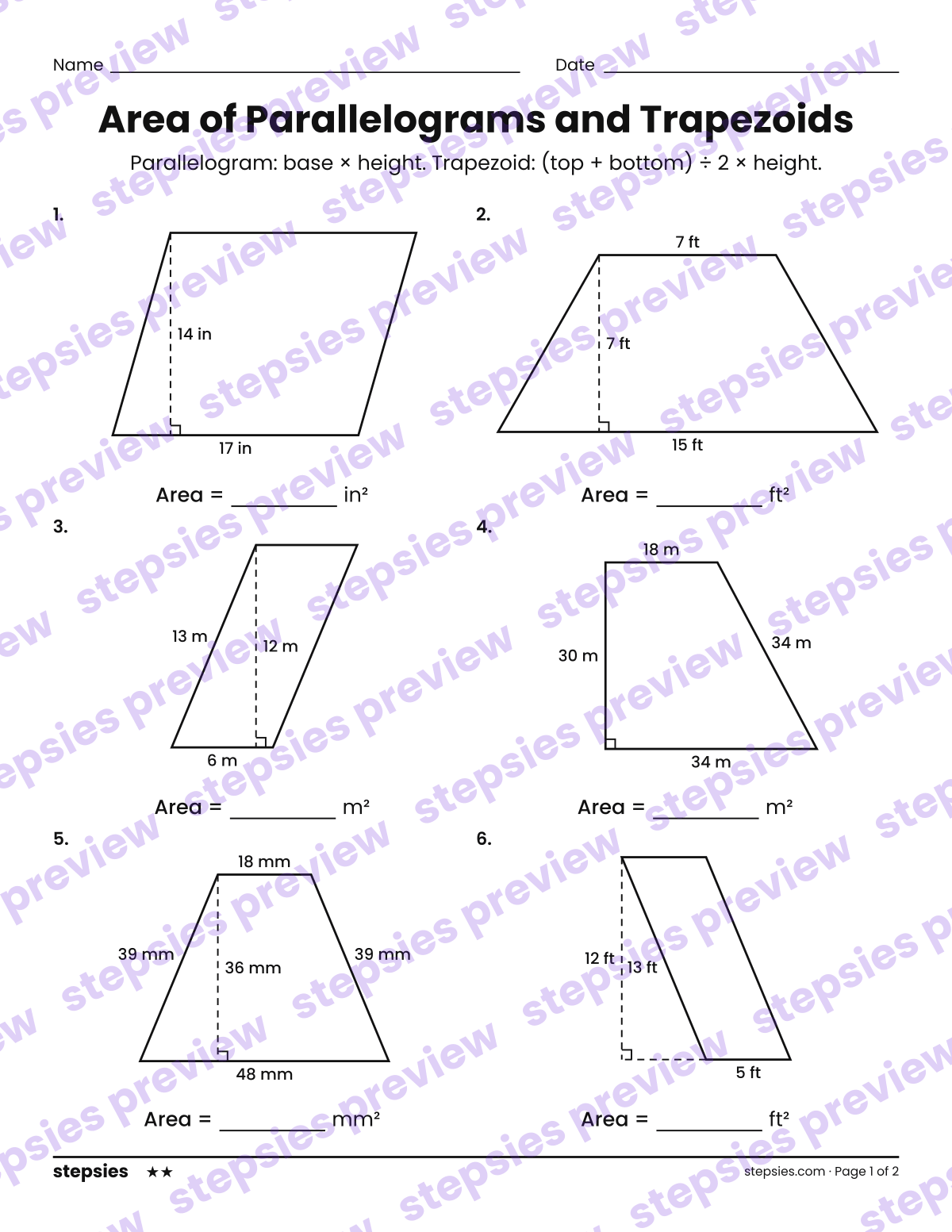 Area of Parallelograms and Trapezoids: page 1 of a printable Grade 6 Math worksheet