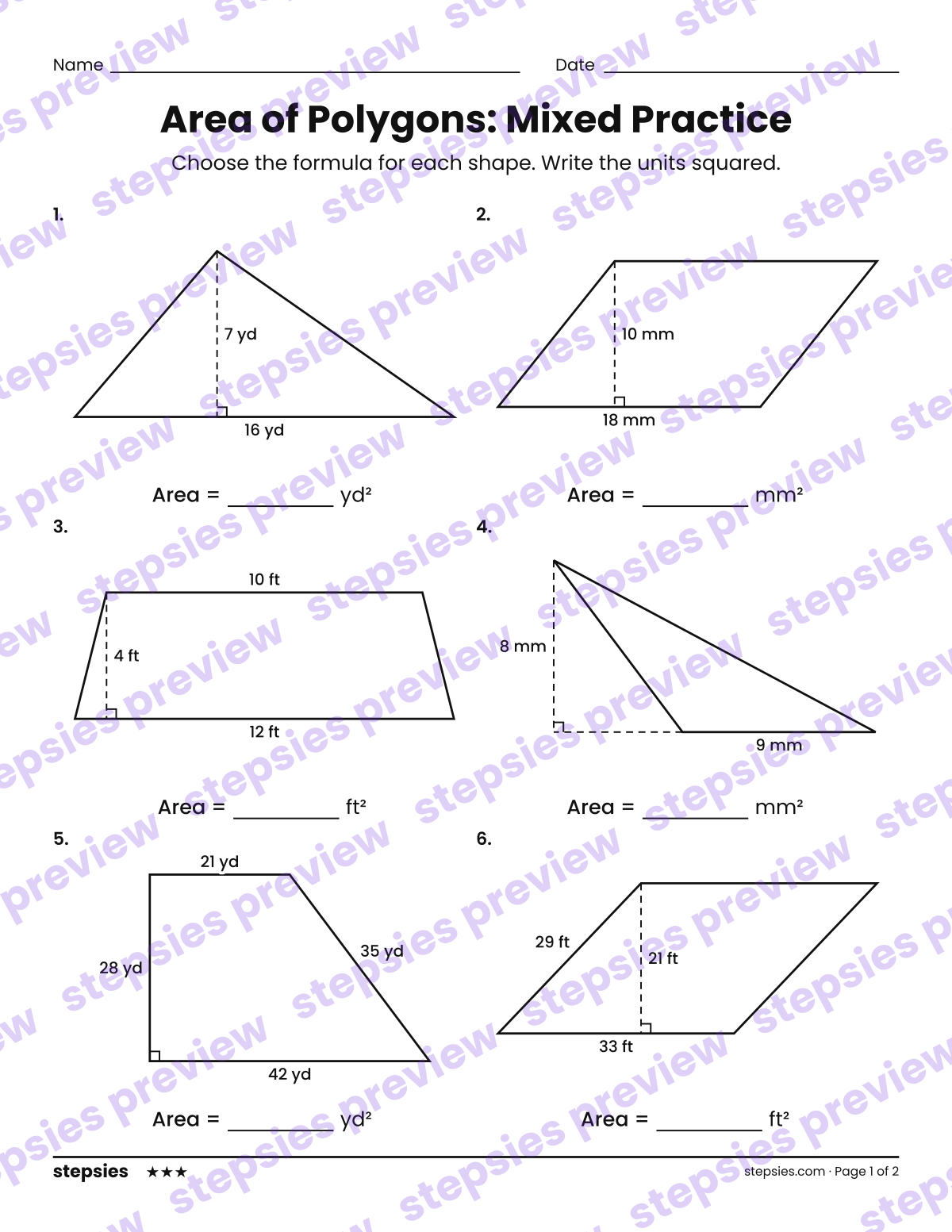 Area of Polygons: Mixed Practice: page 1 of a printable Grade 6 Math worksheet