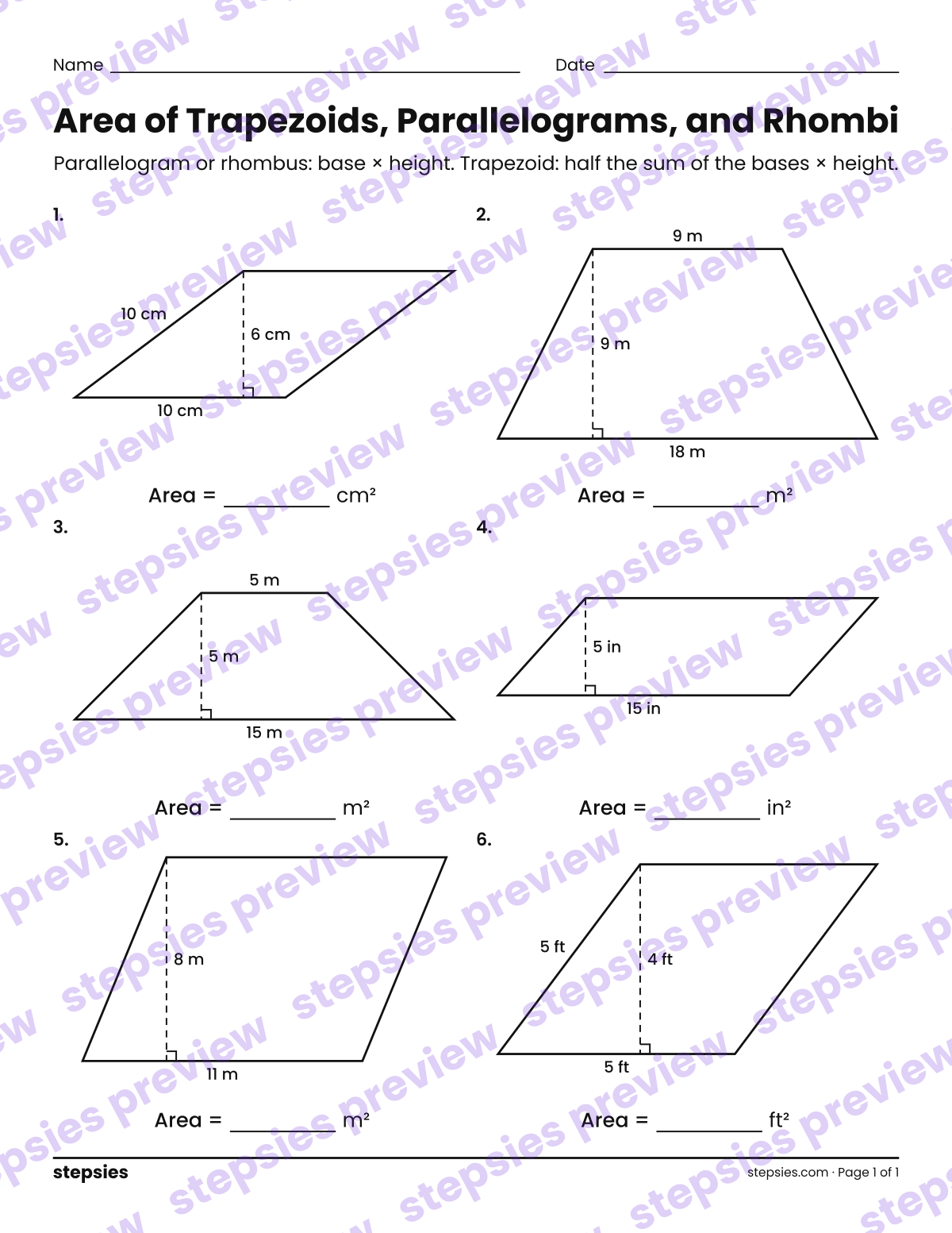 Area of Trapezoids, Parallelograms, and Rhombi: page 1 of a printable Grade 7 Math worksheet