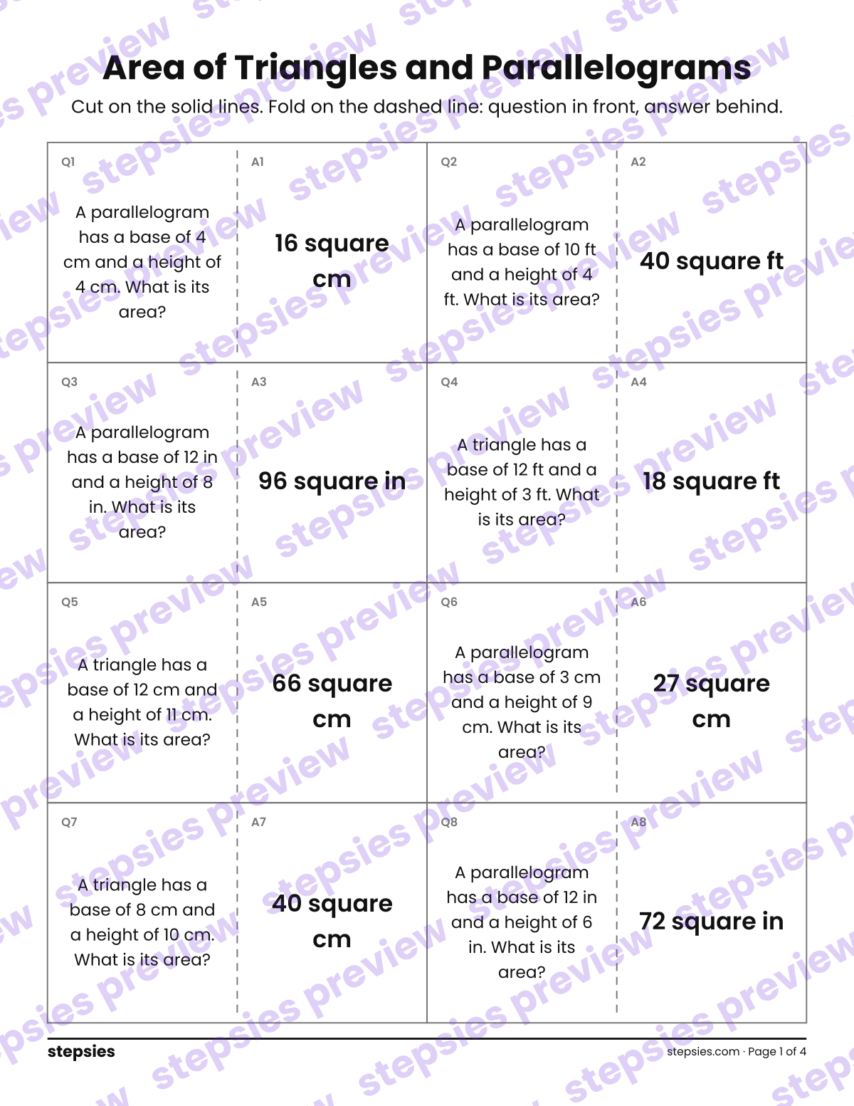 Area of Triangles and Parallelograms: Quiz-Quiz-Trade Cards: page 1 of a printable Grade 6 Math worksheet