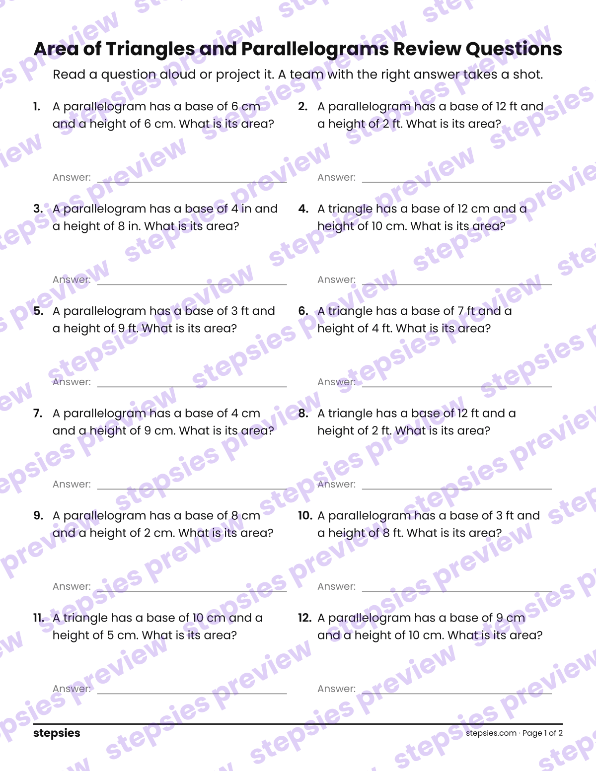 Area of Triangles and Parallelograms: Trashketball Review Questions: page 1 of a printable Grade 6 Math worksheet