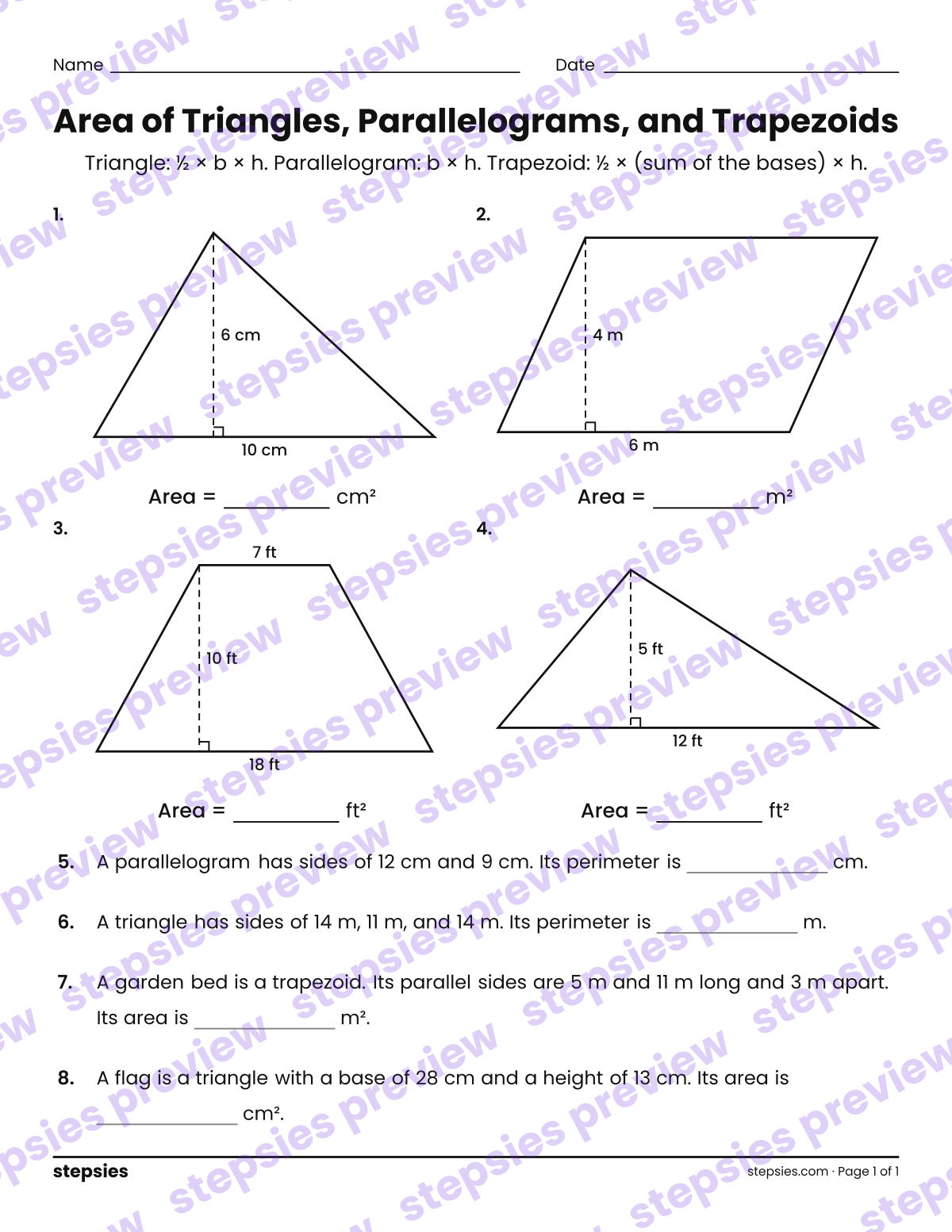 Area of Triangles, Parallelograms, and Trapezoids: page 1 of a printable Grade 5 Math worksheet