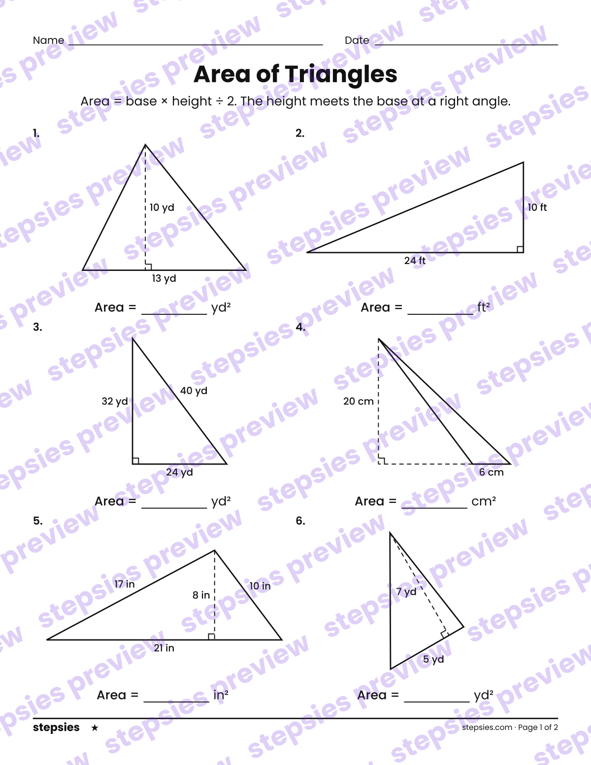Area of Triangles: page 1 of a printable Grade 6 Math worksheet
