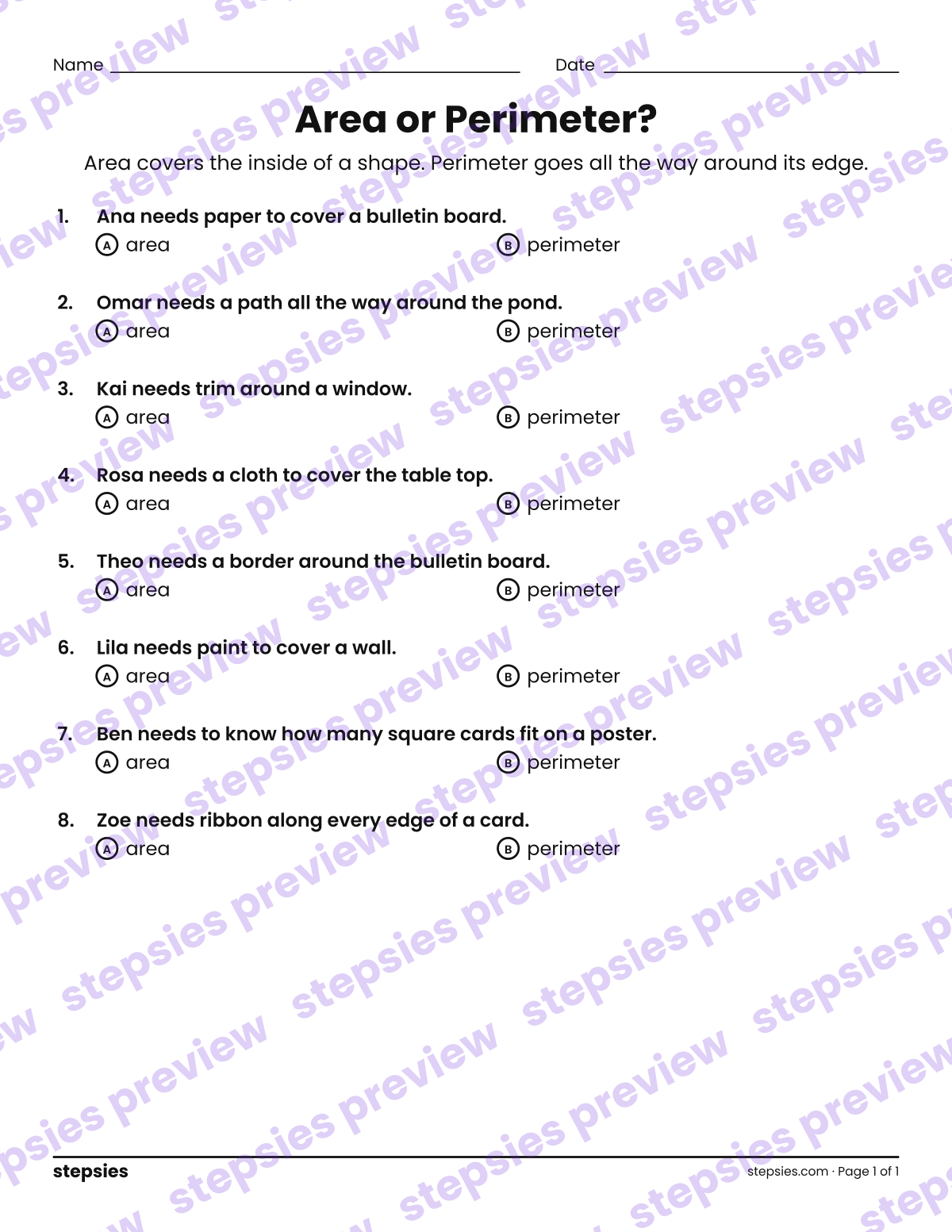 Area or Perimeter?: page 1 of a printable Grade 3 Math worksheet