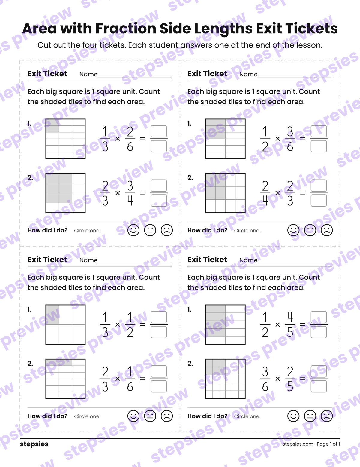 Area with Fraction Side Lengths Exit Tickets: page 1 of a printable Grade 5 Math worksheet