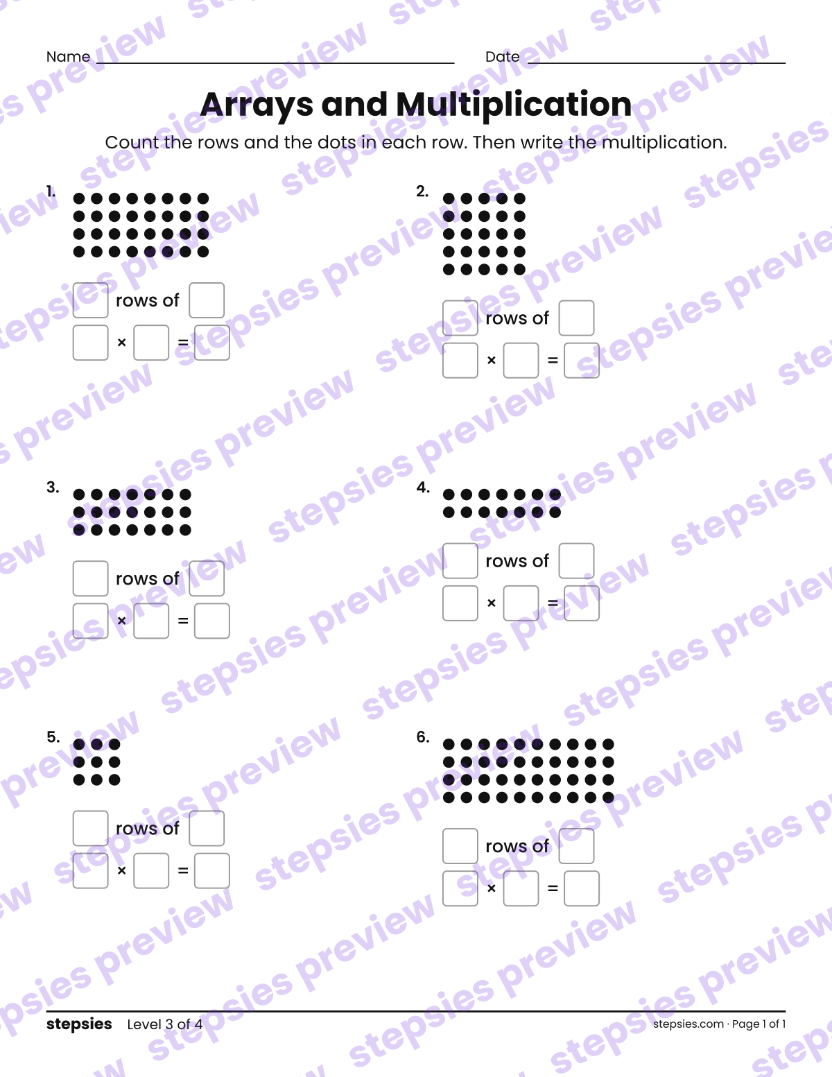 Arrays and Multiplication: page 1 of a printable Grade 3 Math worksheet