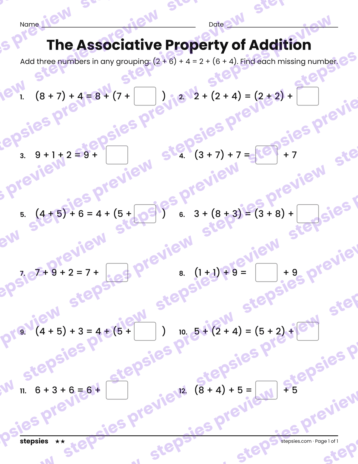The Associative Property of Addition: page 1 of a printable Grades 1 and 2 Math worksheet